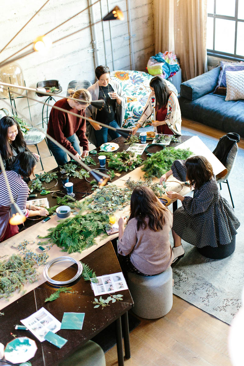 employees on a corporate retreat in a plant workshop